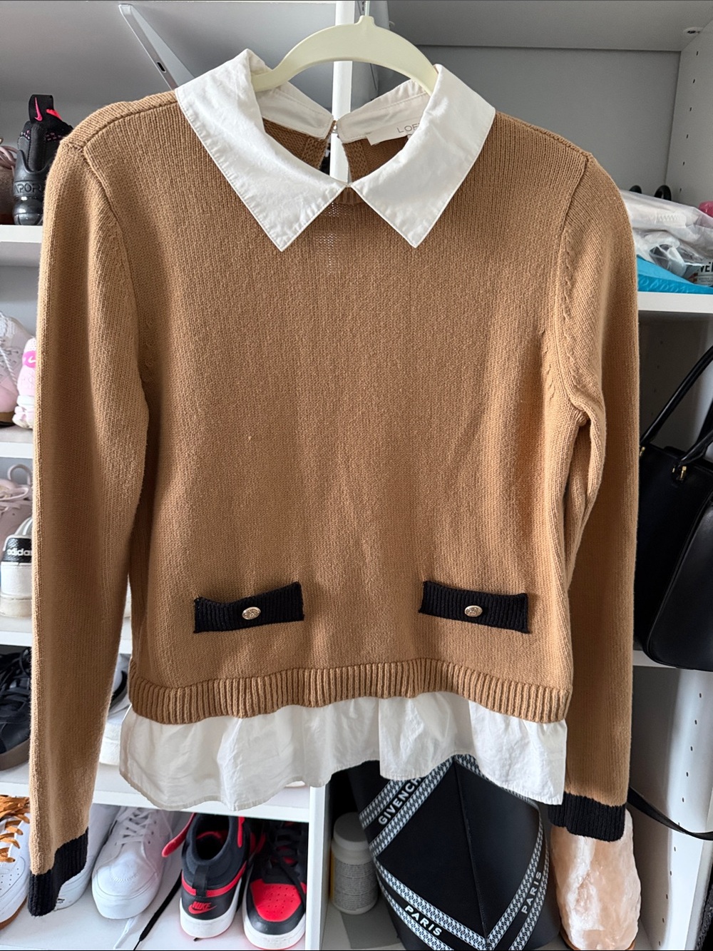 Sandro Dale inspired Camel Knit Sweater with White Collar Detail